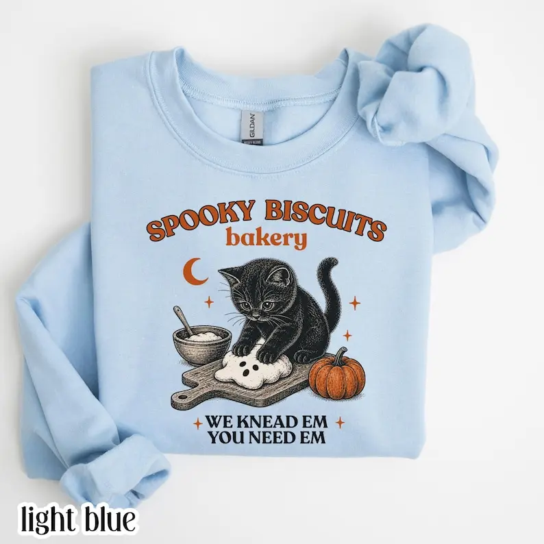 Kitty Biscuits Sweatshirt Spooky Season Sweater Black Cat Halloween Fall Pullover Vintage Baking Pumpkin Crewneck Cozy Cat Lover Fall Gift