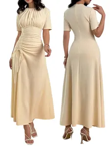 Women's Elegant Commuter Drawstring Adjustable Waist Long Dress, Short Sleeve, Plain Pattern, Suitable for Work, Dates, Afternoon Tea, Wedding Guests