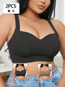 2PCS Women's Seamless Soft Wirefree Push-Up Bras, Comfortable Wide Straps, Adjustable Anti-Sagging, No Underwire, High Elasticity, Plain Color, Casual Style, Underwear