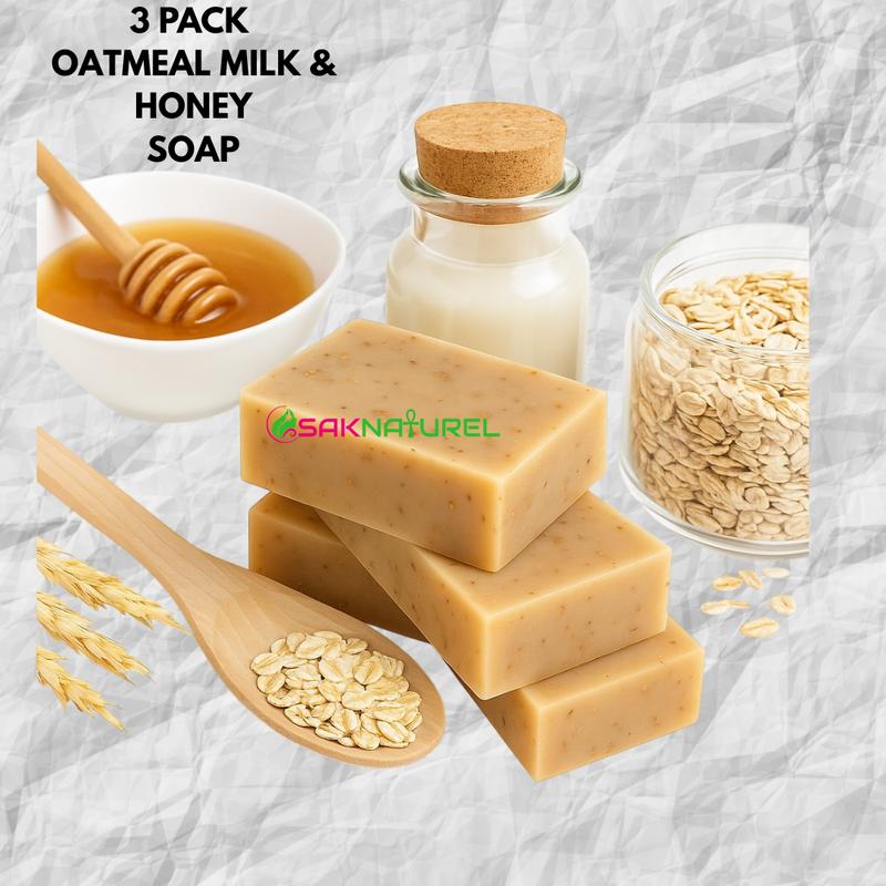 (3 PACK)OATMEAL MILK HONEY SOAP Sensitive skin Soap  Soothing Soap- All Natural Skincare for Daily Use,  Body acne dark spot remover, Bar soap for Eczema, Psoriasis, Face, Body, Men Women Teens with Oily Skin