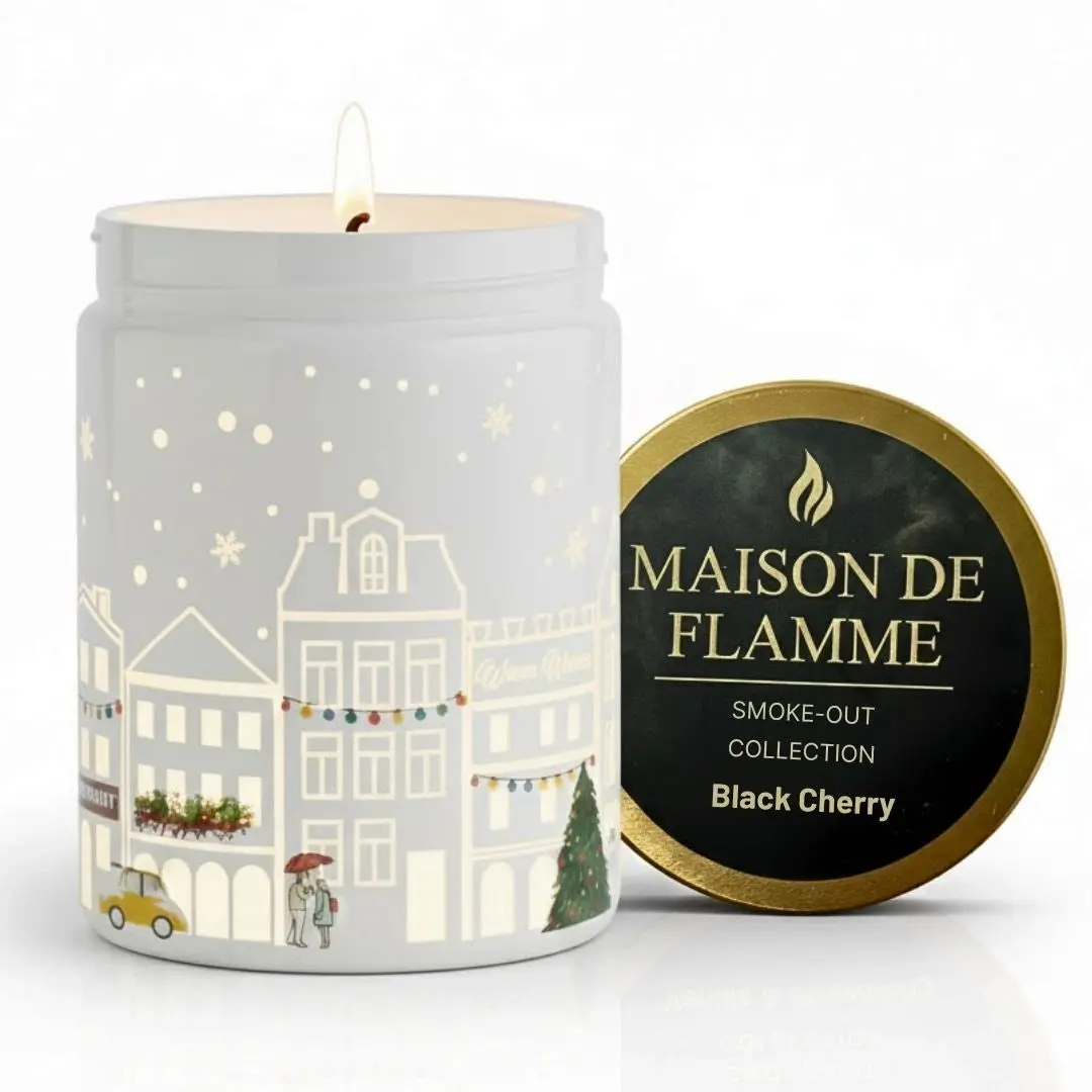 Maison De Flamme Black Cherry Light-Up Scented Candle – Dual LED Glow + Flame | Smoke-Out Collection (White Jar, 200g / 7oz)