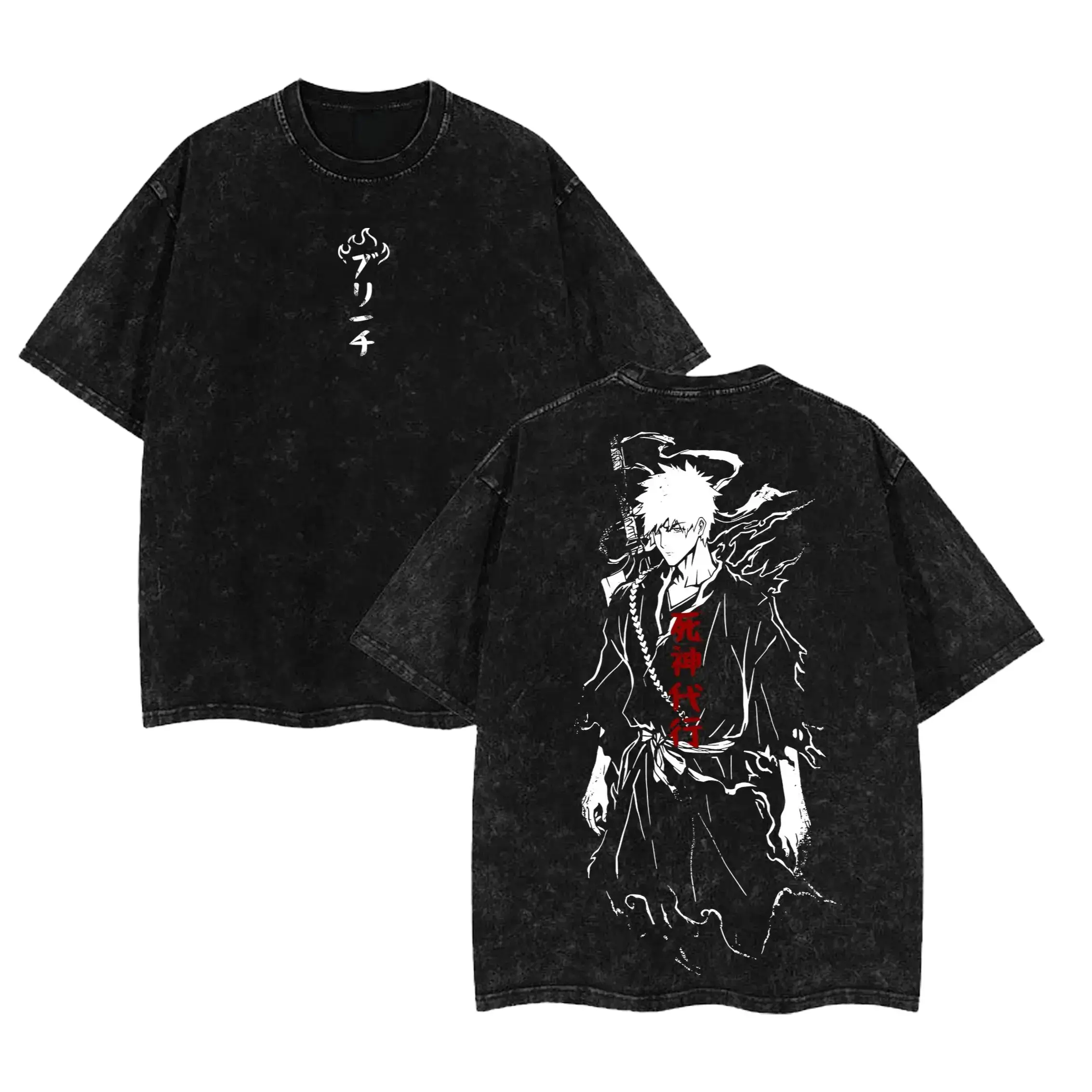 Vintage Washed Ichigo Kurosaki T-Shirt BLEACH Double Sided Black White Ink Graphic Oversized Anime Streetwear Short Sleeve Top For Shonen Manga Fans