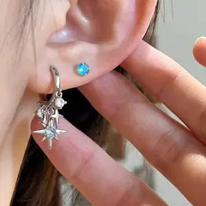Y2K Blue Zircon Eight-Pointed Star Pendant Earrings for Women Silver Color Star Tassel Ear Buckle Stood Minimalist Design Jewelry Gift