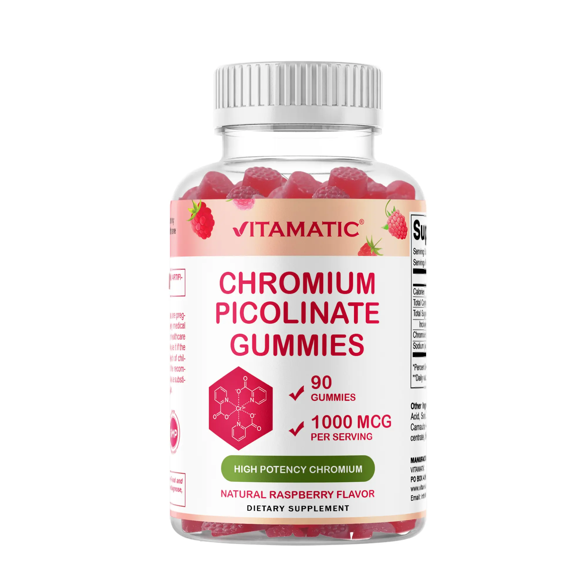 Vitamatic Chromium Picolinate Gummy Dietary Supplement, 1000 mcg, 90 Chewable Raspberry Flavor Tablets, High Potency, Lactose Free, Dietary Gummies, Gummy Vitamins Supplements, Mineral Vitamins Supplements