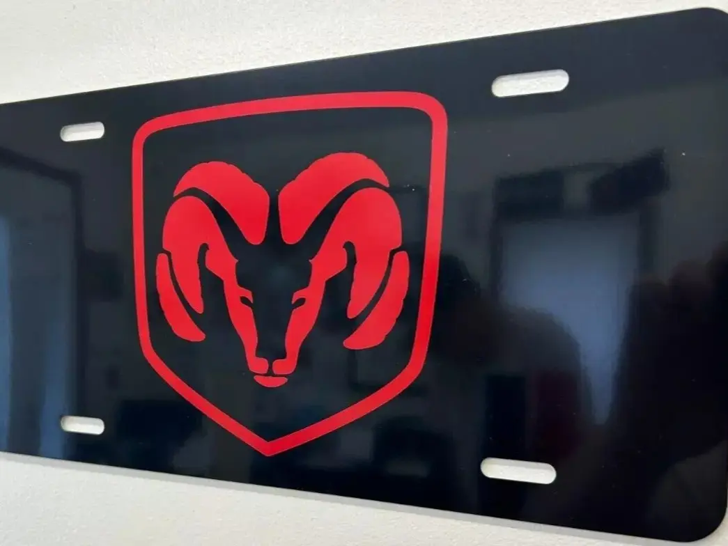 Dodge Ram Head black aluminum license plate tag red ram logo