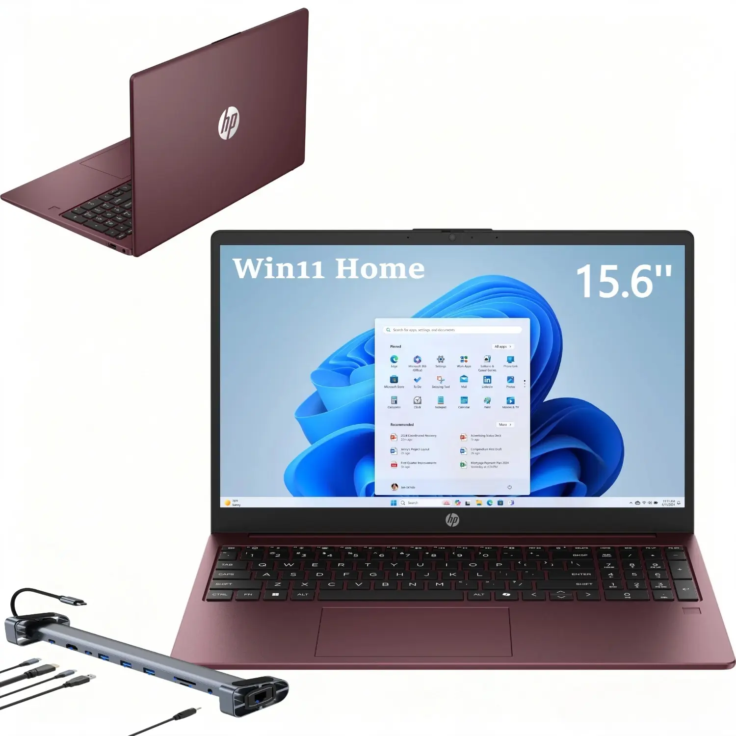 HP 15.6" HD Laptop | Intel N200 Processor, Up to 8GB RAM, 192GB Total Storage(128GB UFS+64GB SD Card), Windows 11 Home, Glimmer Garnet, Bundle Accessories Included