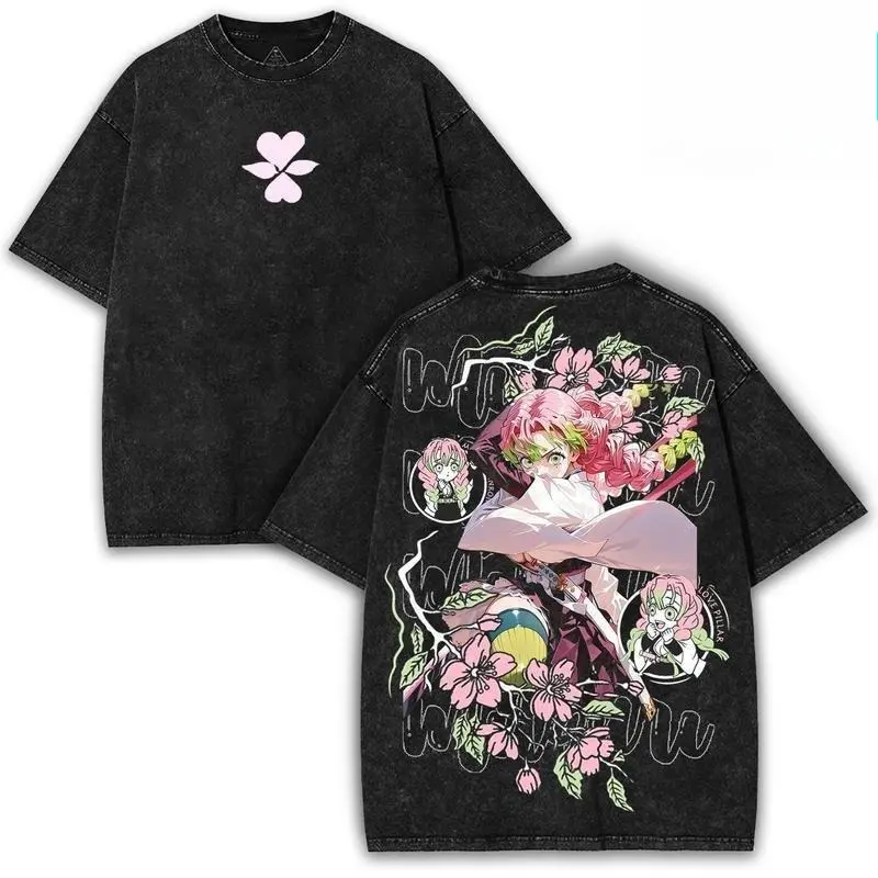 Men's Vintage Oversize Tee, Distressed Japanese Streetwear with Anime Figure Print, Casual Round Neck Short-Sleeve Top, Tshirt, Fitted, Retro, Festive, Cartoon Print, Retro Japanese Street Vibe, 90S Kid Aesthetic, T-Shirt, All Season, Distressed Look, Cas