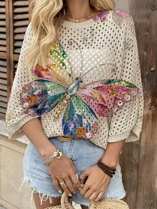Spring Summer Women's Hollow Out Batwing Sleeve Knit Top, Butterfly Flower Print, Casual Elegant Commuter Wear, Boho Beach Swimsuit Cover-Up, Beachwear Cover Up, Beach Coverups, Bathing Suit Coverup