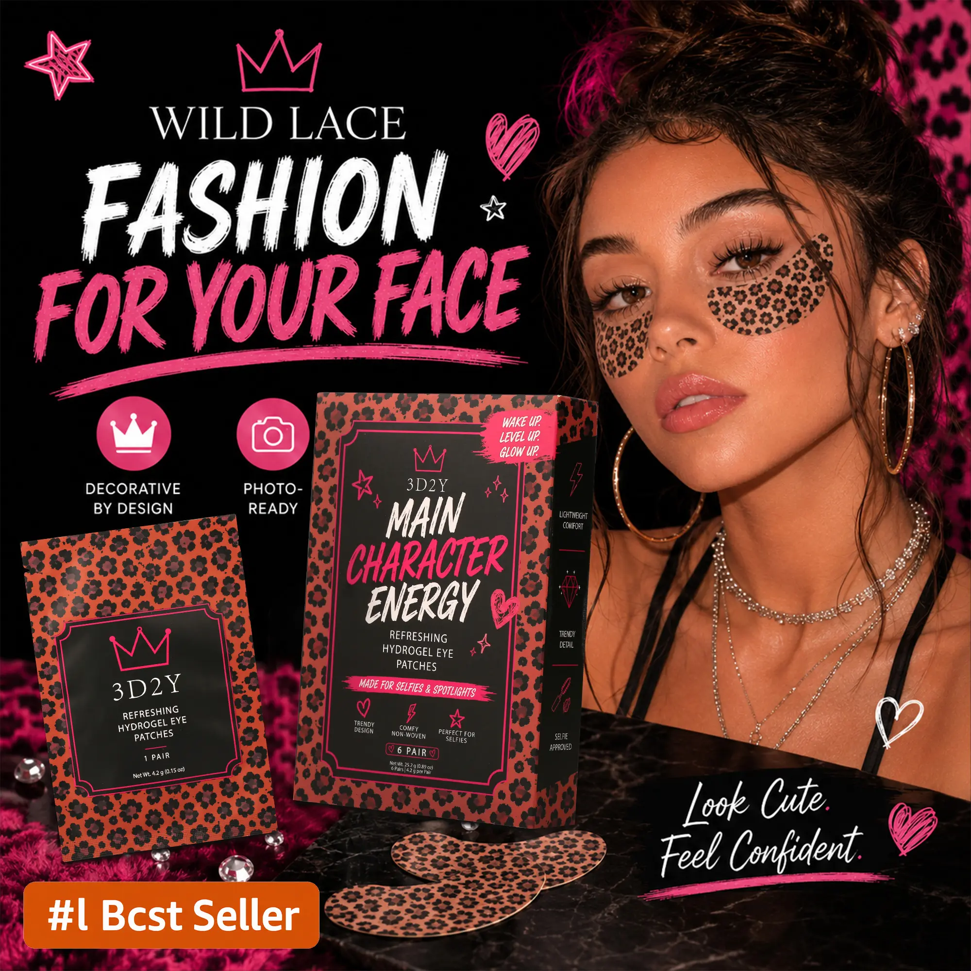 3D2Y WILD LACE Leopard Print Decorative Under-Eye Patches,  | Hydrogel Eye Patches with PDRN, Collagen, NAD | Refreshing for Puffy, Tired Eyes | Firming for Look of Wrinkles, Fine Lines | Korean Skincare Soft-Matte Face Accessories  for GRWM,6 Pairs