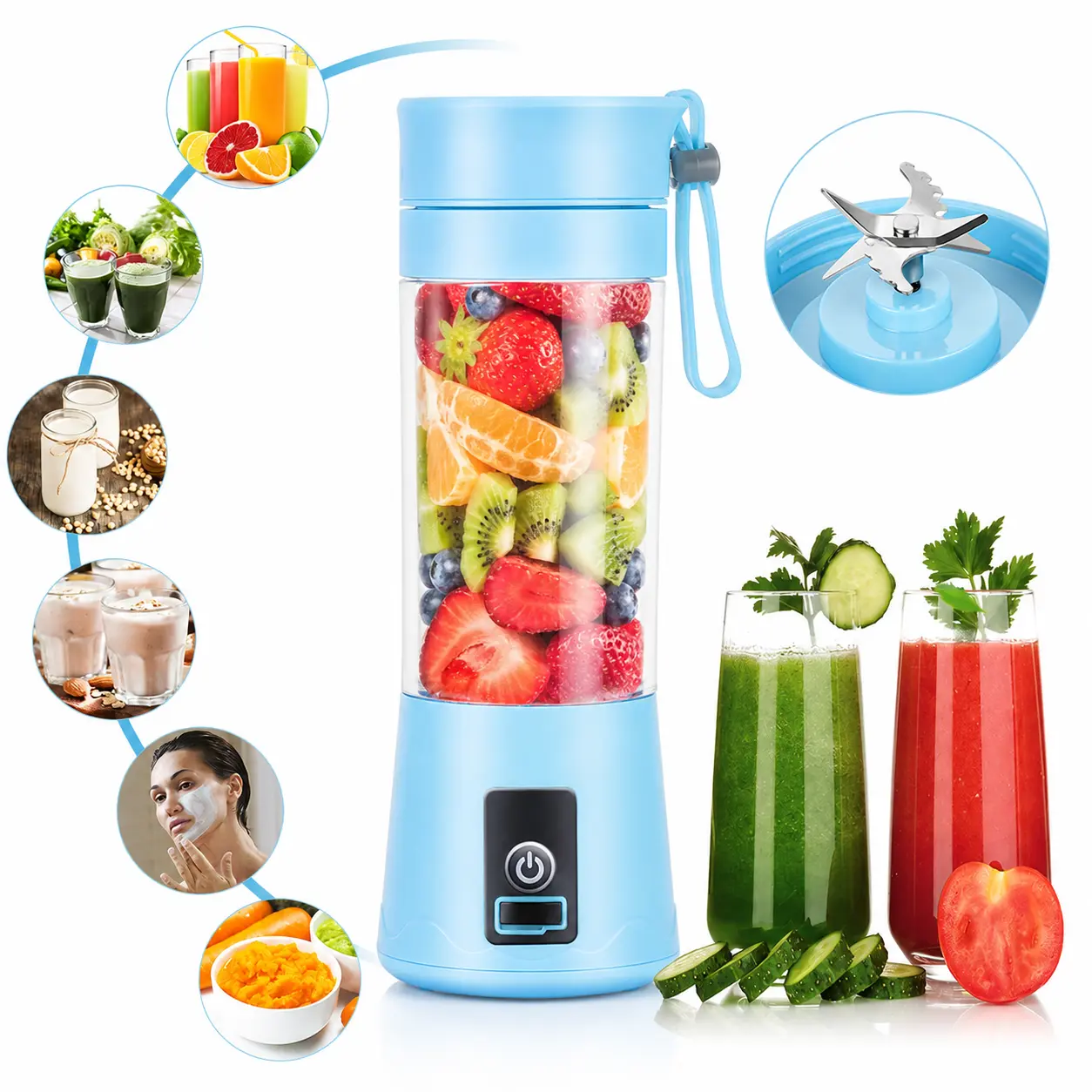 Portable Blender USB Rechargeable 380ML Personal Smoothie Maker Juicer Cup with 6 Stainless Steel Blades for Travel, Gym & Office