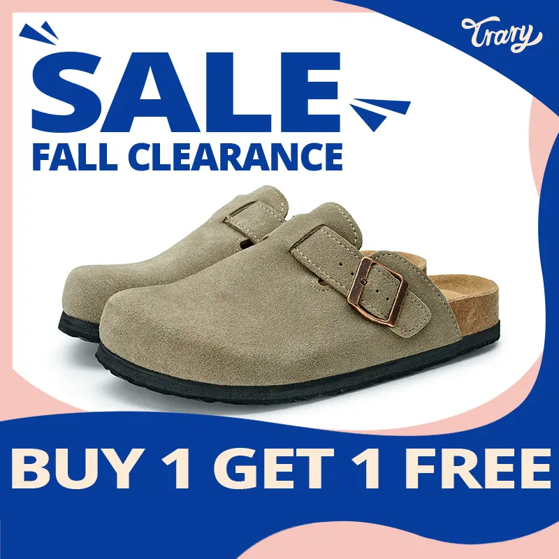 [BUY 1 GET 1 FREE!!]Trary Clogs Women Genuine Leather Round Toe Cork Footbed Potato Shoes Women Slip-Ons Slipper with Arch Support Adjustable Buckle Non-Slip Slippers Retro Fashion Walking Shoes,Gift for Halloween,Thanksgiving Day,Christmas Footwear Taupe