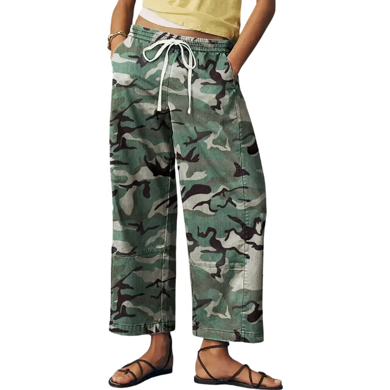 Flamingals Camo Drawstring Mid Waist Wide Leg Crop Pants Stretchy 25.2'' Inseam