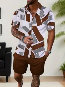 Men's Brown & White Geometric Block Print 2-Piece Casual Set, Menswear - Short-Sleeve Button-Up Shirt + Solid Drawstring Shorts, Lightweight Wrinkle-Resistant Fabric, Relaxed Fit, Abstract Design, Summer Outdoor Brunch, Park Strolls, Urban Café