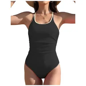 Womens One Piece Swimsuits Tummy Control Bathing Suits Color Block Scoop Neck Adjustable Strap Slimming Swimwear