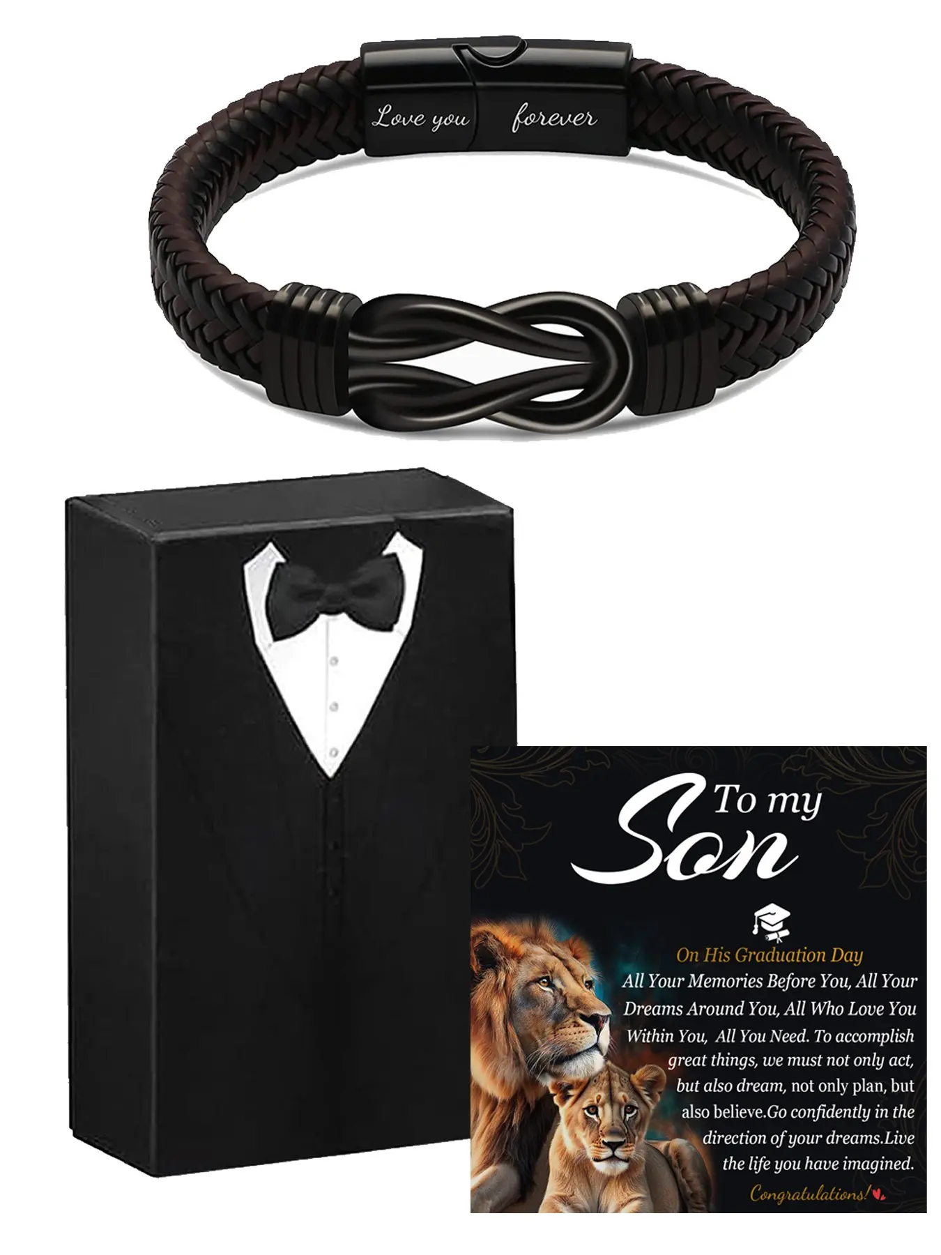 2026 Graduation Gift (Middle School, High School) - A Men's Bracelet Presented in a Black Gift Box. An Enduring Symbol of Love and Encouragement, This Braided Leather Bracelet Makes an Ideal Graduation Present, Back-to-School Gift, Elegant Packaging