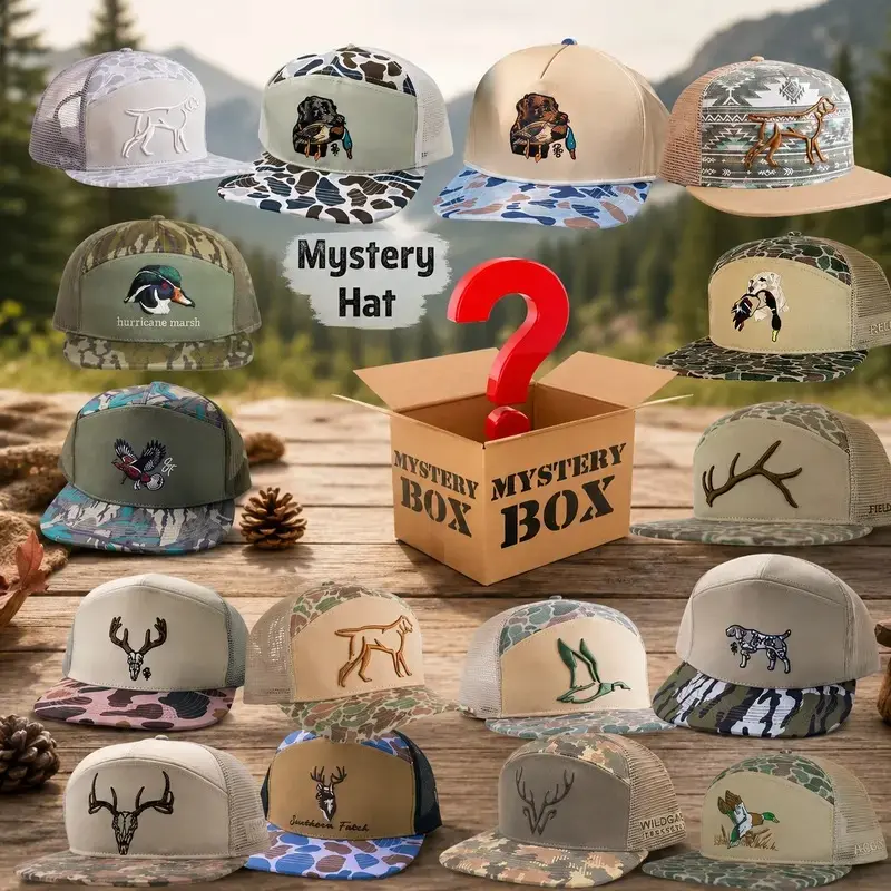 Mystery Hunting Trucker Hat Box, Random Printed Mesh Snapback Cap for Men, Fishing Duck Deer Dog Camo Outdoor Hat, Blind Box Surprise Gift, One Random Design