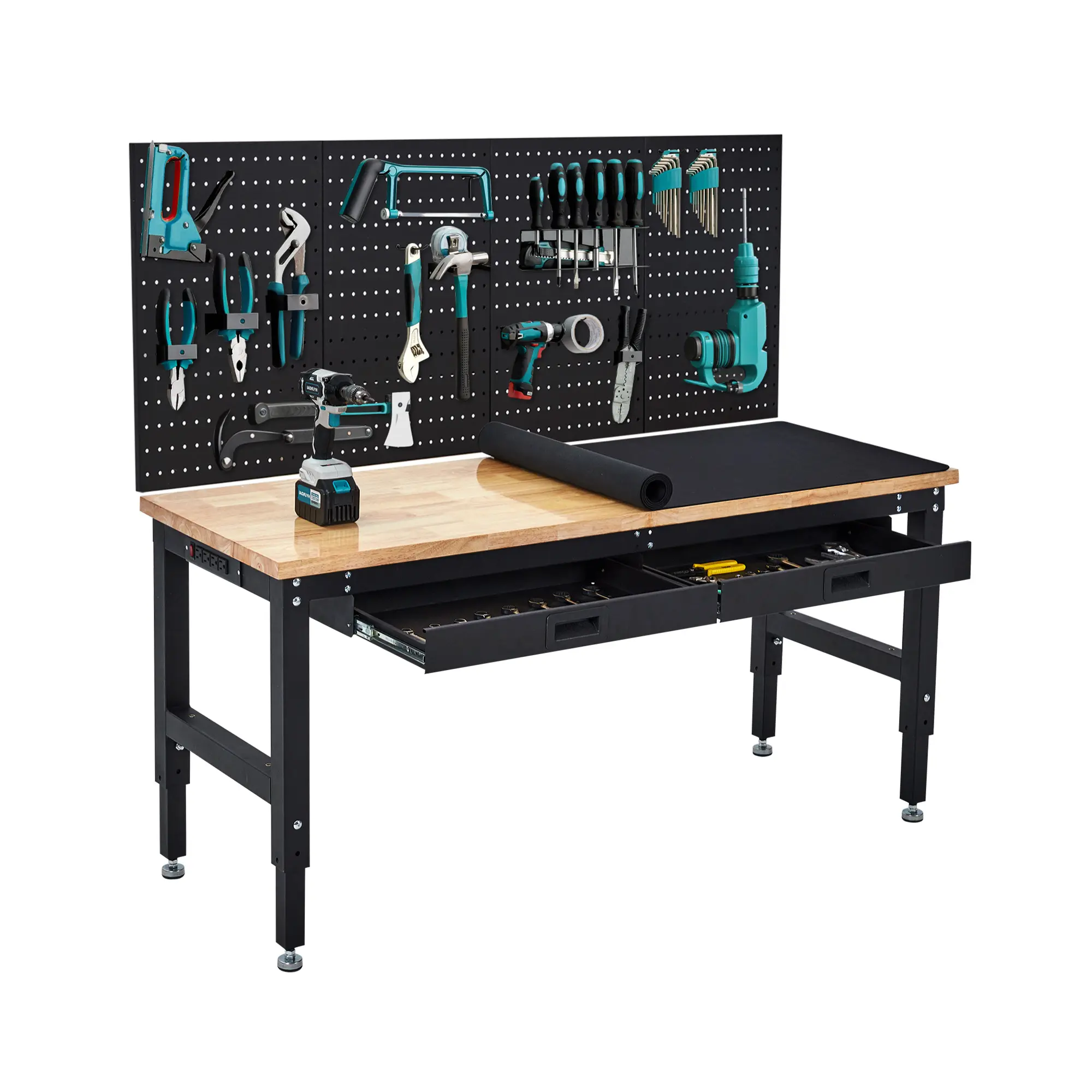 60″ Adjustable Workbench – 3000 lbs Capacity Heavy‑Duty Work Bench Table with Power Outlet & Pegboard – Rubber Wood Top Garage Work Table with 2 Drawers & Pegboard for Workshop, Garage, Office
