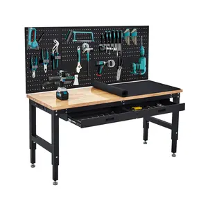 60″ Adjustable Workbench – 3000 lbs Capacity Heavy‑Duty Work Bench Table with Power Outlet & Pegboard – Rubber Wood Top Garage Work Table with 2 Drawers & Pegboard for Workshop, Garage, Office