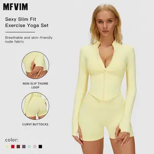 MFVIM women’s outdoor sports two-piece set: solid-color zip-up jacket with waist cinching and high-waisted nude-feel shorts; indoor/outdoor yoga fitness set