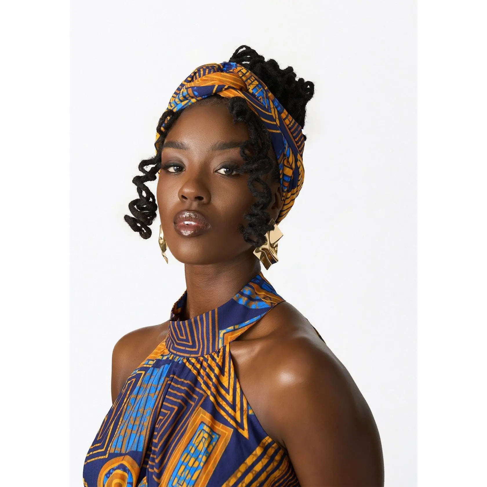 Women's African Print Head Wrap/Scarf (Royal Blue Geometric)
