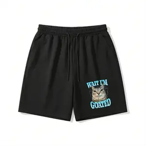 Men's Fleece-Lined Cotton-Blend Sweat Shorts - Streetwear-Inspired, Novelty with "Wait I'm Goated" Cat Print, Elastic Drawstring, Pockets, Breathable Street Style Casual Summer Bottoms for Guys, Streetwear-Inspired Men's Shorts