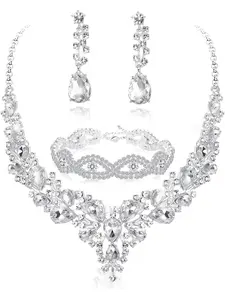 Elegant Silver Color Bridal Jewelry Set for Women, Rhinestone Wedding Necklace & Bracelet, Dangle Earrings for Bride & Bridesmaids