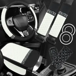 8PCS Car Accessories Set, Bling Leather Car Steering Wheel Cover with Armrest Pad, Seat Belt Cover Pads, Cup Holder Coasters, Gear Shift & Handbrake Covers, Auto Interior Accessories (White)