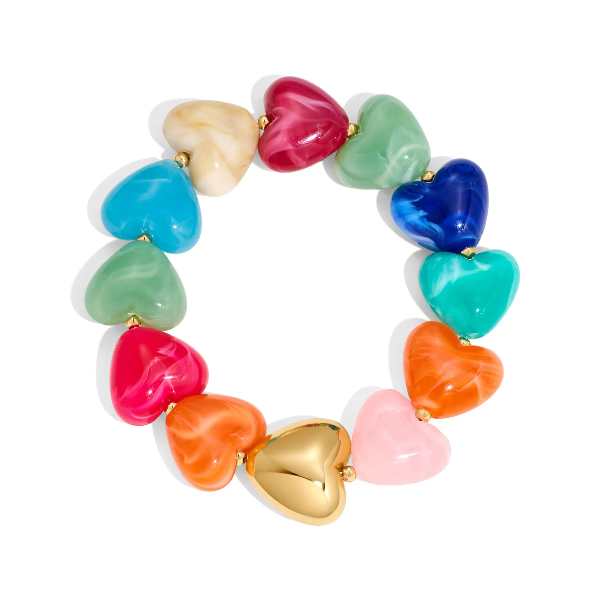 Heart Statement Bracelet for Women, Chunky Colorful Boho Resin Beads, Cute Summer Beach Charm with Stretch Fit and Gold Heart, Beach Charm Bracelets & Bangles, Bubble Bead Bracelets & Bangles