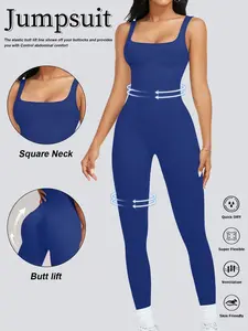 Womens Workout Rompers Jumpsuits Seamless Ribbed Yoga Gym One Piece Sleeveless Square Neck Tank Top Leggings Unitard Stylish Activewear