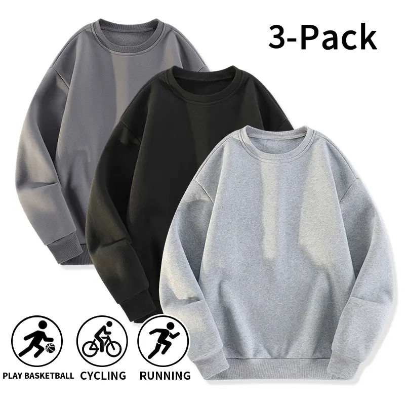 Men’s crew neck sports sweatshirts available in a 3-pack or 1-pack, solid color long-sleeve casual tops with no prints, suitable for running, basketball, cycling, fitness, and everyday wear crewneck