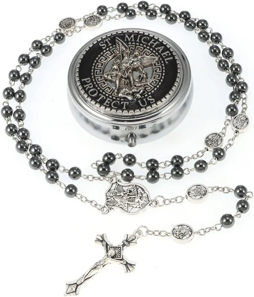 Saint Michael the Archangel Hematite Black Stone Beads Catholic Rosary Necklace with Metal Gift Box for Men in Metal Gift Box