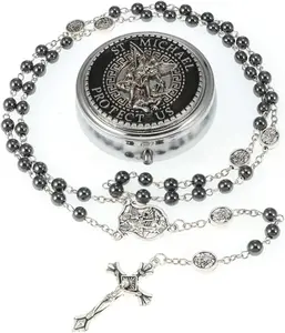 Saint Michael the Archangel Hematite Black Stone Beads Catholic Rosary Necklace with Metal Gift Box for Men in Metal Gift Box