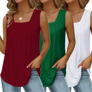 3-Pack Women’s Summer Tank Tops, Loose Fit, Pleated Square Neck, Sleeveless, Casual