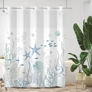 Nautical No Hook Shower with Liner Beach Shower with Snap in Liner Set Ocean Coral Bath Curtains Washable 71x74 Inch