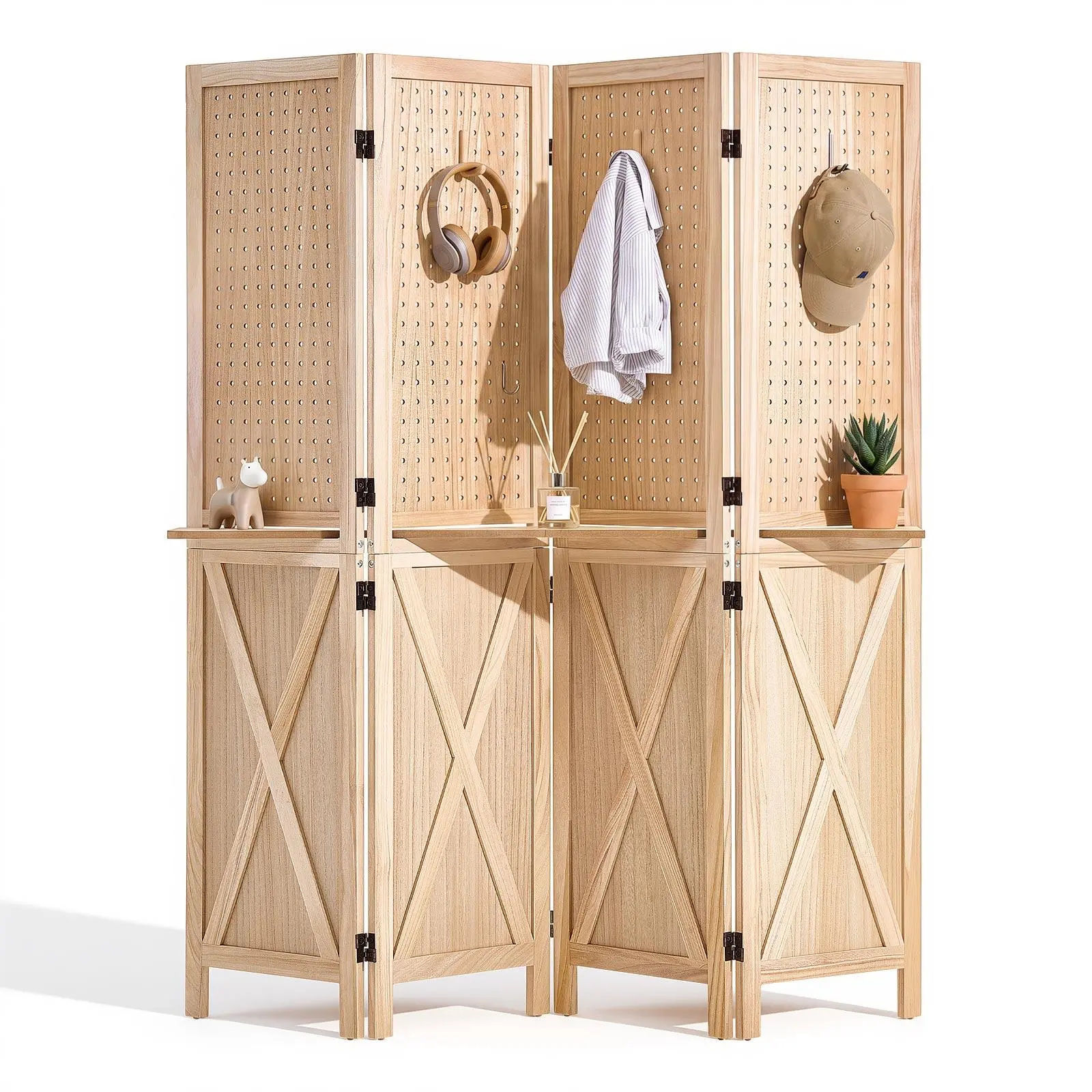 VEVOR French Country Solid Wood Room Divider, 4-Panel Fold Pegboard Folding Privacy Screen with Shelf Support, Solid X-Pattern Frame, 360° 2-Way Hinges, Included Hardware for Room Separation & Home Decor#SohoChic