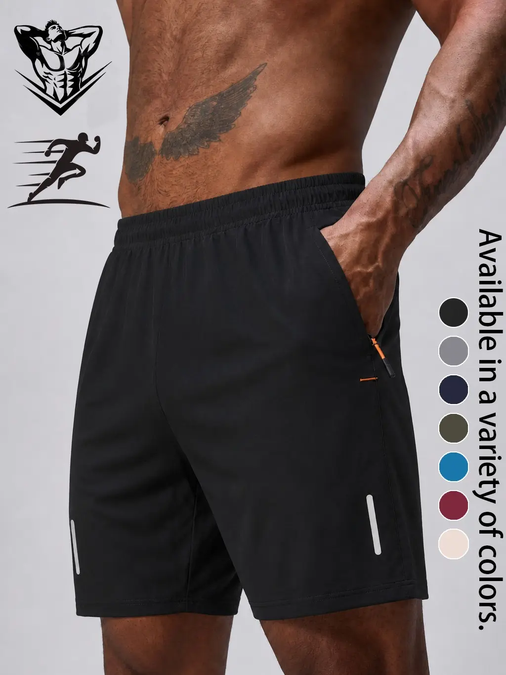 Men's Breathable Lightweight Workout Shorts - Quick Dry, Ultra-Light Synthetics, Sweat-Wicking, Elastic Waistband, Zippered Pockets, Reflective Stripes, Breathe & Move Free, Stay Dry Running for Summer Jogging, Fitness Training, Reflective Print Design