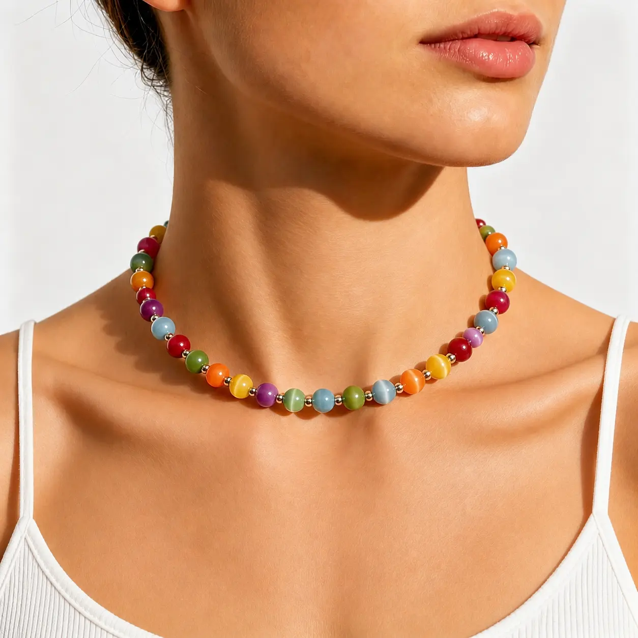 Color Changing Rainbow Choker, UV Reactive Resin Statement Beaded Necklaces for Dopamine Dressing, Adjustable Short Neckline Unisex Fit, Colorful Beaded Necklaces