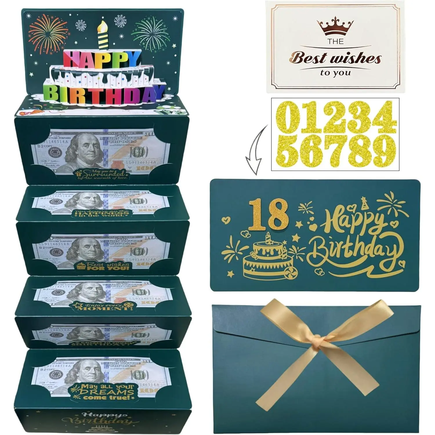 Birthday  Envelope for  Gifts, Birthday Card  Holder with  Cake and DIY Sticker 16th 18th 21th Any ,   Ideas for Men Women Girl Boy. (Green)