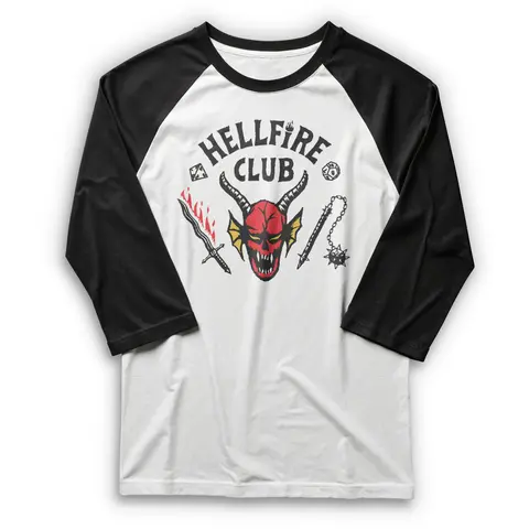 Stranger Things T-Shirt, Men's Hellfire Club Graphic Raglan with 3/4 Sleeves, Stylish Officially Licensed Costume Top, Baseball, Demon, Menswear, Stranger Things Costume, Tee, Round Neck, Fashion, Tv, Cotton, Halloween, Baseball Tee, Streetwear, Fashion A
