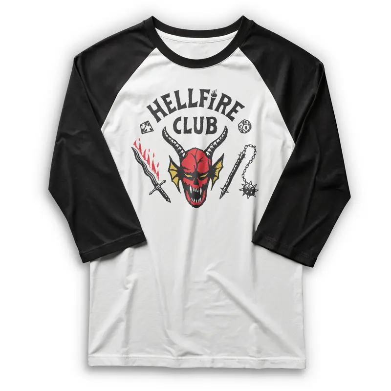 Stranger Things T-Shirt, Men's Hellfire Club Graphic Raglan with 3/4 Sleeves, Stylish Officially Licensed Costume Top, Baseball, Demon, Menswear, Stranger Things Costume, Tee, Round Neck, Fashion, Tv, Cotton, Halloween, Baseball Tee, Streetwear, Fashion A