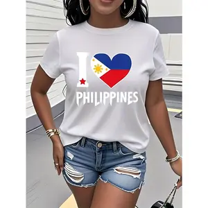 I Love Philippines Flag Print T-shirt, Short Sleeve Crew Neck Casual Top, Women's Clothing Stylish Trendy Versatile for Daily Wear, Travel, Vacation, and Gifts
