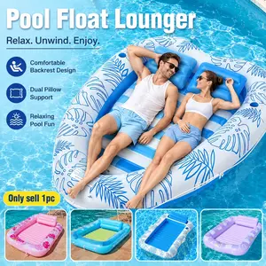 2 Person Inflatable Tanning Pool Lounger Float Tropical Style, Extra Large Thick PVC Floating Sunbathing Raft with Backrest, Pillows and Cup Holders,backyard pool lounger, Portable Pool Airbed for Adults, Couples, Beach, Lake, Backyard, Summer Party
