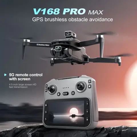 Professional Foldable Remote Control 4-Rotor Drone (V168 Pro Max New Upgraded) - Plastic & Resin Build, Front 4K HD PTZ Dual Lens, 4.5in Screen Controller, Brushless Motor, GPS Return, Gesture Control, 360° Scrolling, 1080p Video, 7874.02in Range & Height