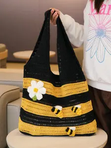 Women's Cute Bee Daisy Embroidered Crochet Bag, Vintage Striped Knitted Handbag, Crossbody Tote Bag, Summer Street Style Accessory