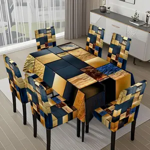 5/7-piece 2D Flat Printing Blue and Gold Geometric Splicing Printing Pattern Tablecloth and Chair Cover Set, for dining table and chair decoration, perfect for home, holiday gatherings, restaurants, and parties.