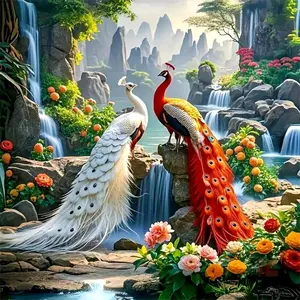 Red white peacock waterfall landscape wall art .Multiple sizes available including square and round diamonds. This 5D DIY diamond painting set diamond art embroidery kit handmade furniture decor holiday birthday art personalized gift.