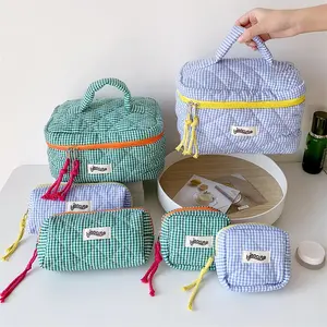 Colorful Gingham Pattern Storage Bag Set, 3 Counts/set Make Up Sundries Storage Bag with Handle, Portable Travel Storage Bag for Indoor & Outdoor, Travel Cosmetic Bags,Gifts For Women