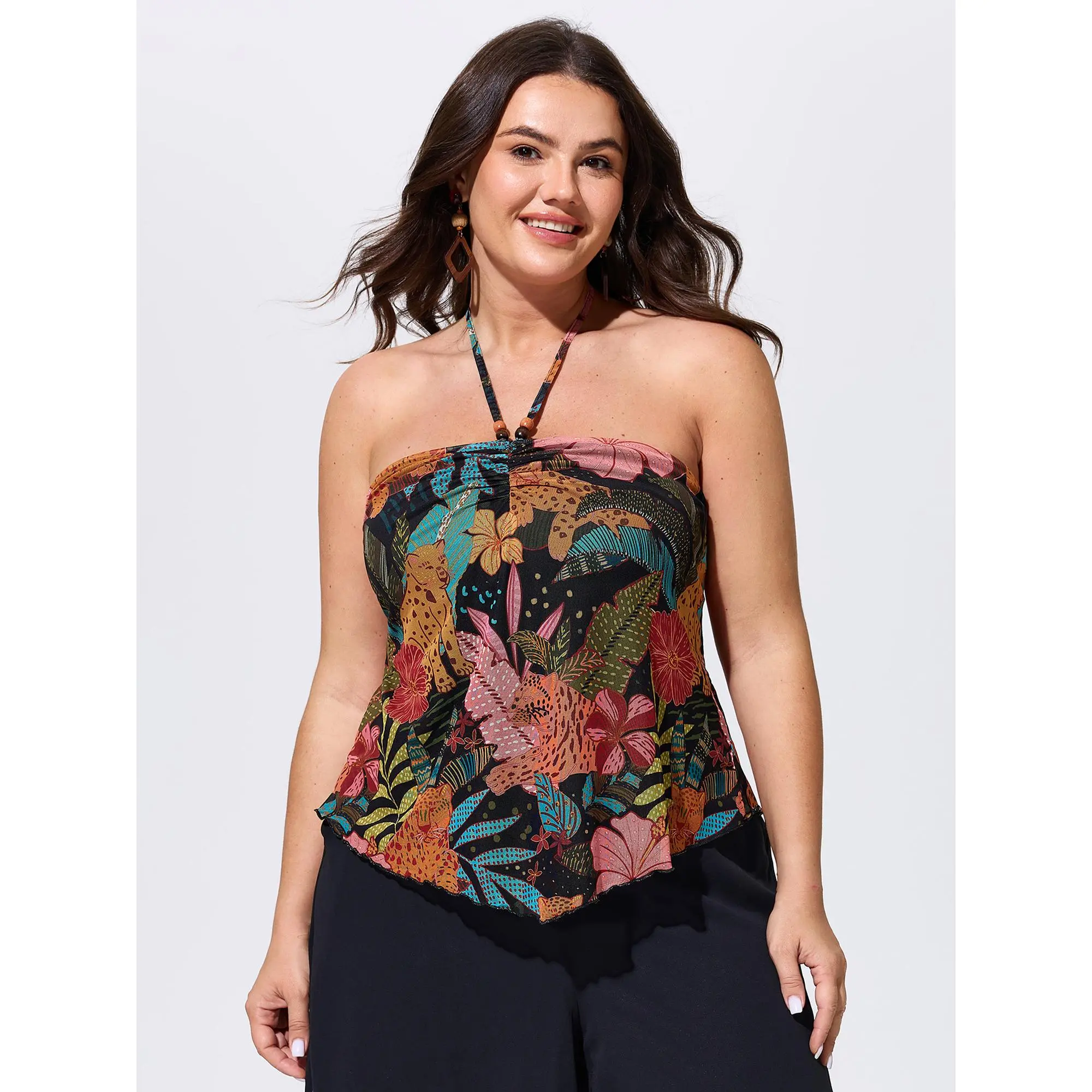 BLOOMCHIC Women's Plus Size Sleeveless Tropical Flower Print Neck-Tie Polyester Jersey Top - Comfy, Stretchy, Breathable, Low Iron Fabric, Everyday Fit, Size M-6X, Summer Pick, Plus Size Clothes, Resort