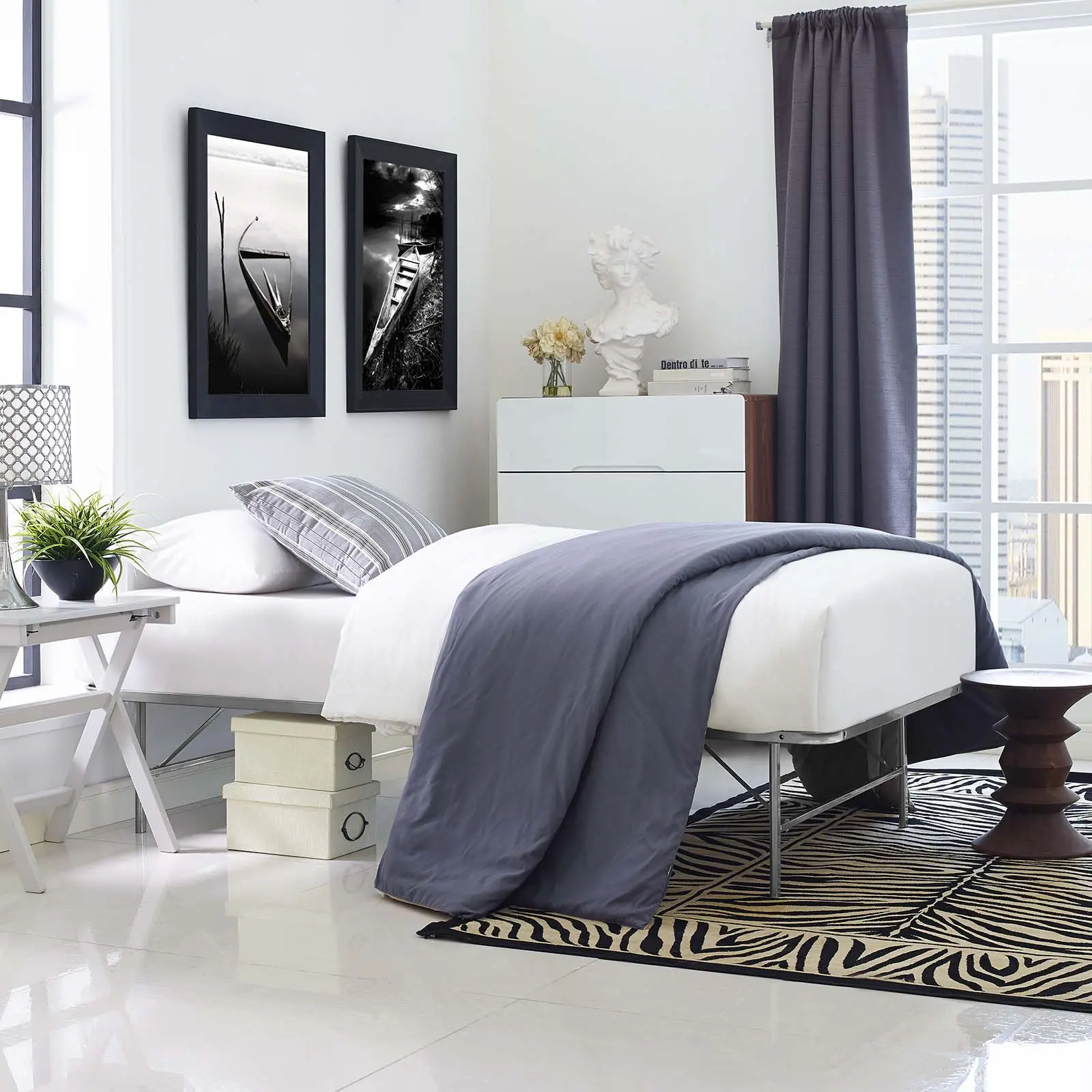 Modway Horizon Twin Stainless Steel Low Profile Heavy Duty Platform Bed Frame - Silver, Folds Away, Offers Generous Space, Increases Mattress Lifespan