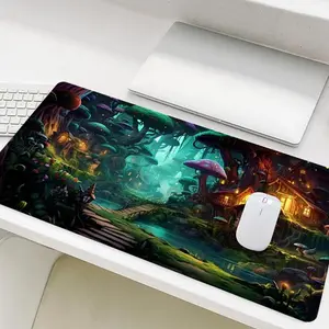 Mushroom Forest Pattern Mouse Pad, Large Gaming Mouse Pad, Office Desk Accessories, Non-slip Rubber Base Stitched Edge Desk Pad for Laptop Desktop, Computer Mouse Pad